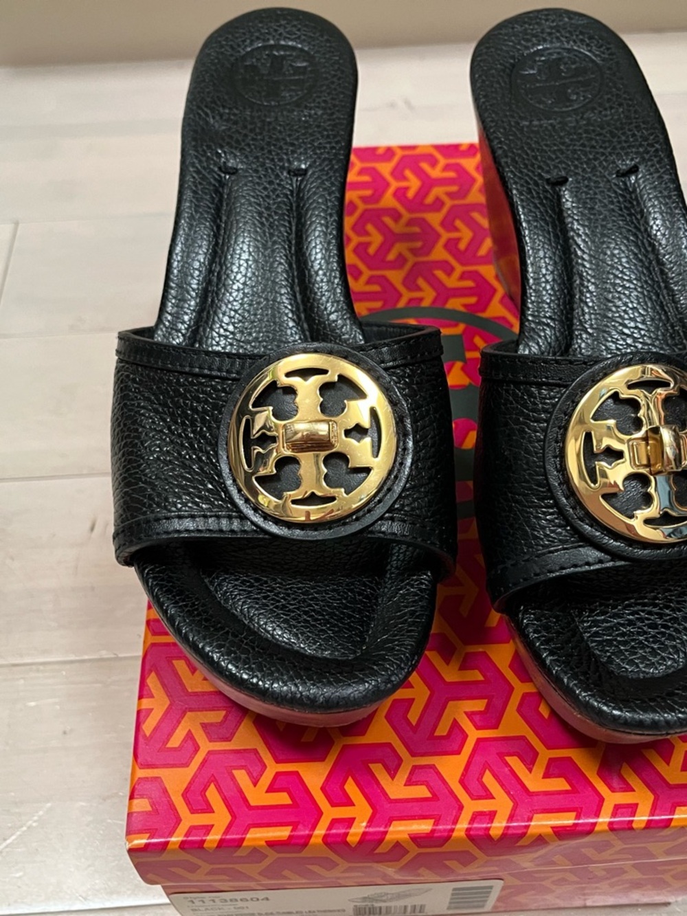 Tory Burch Black Leather Slide Sandals with Gold Medallion